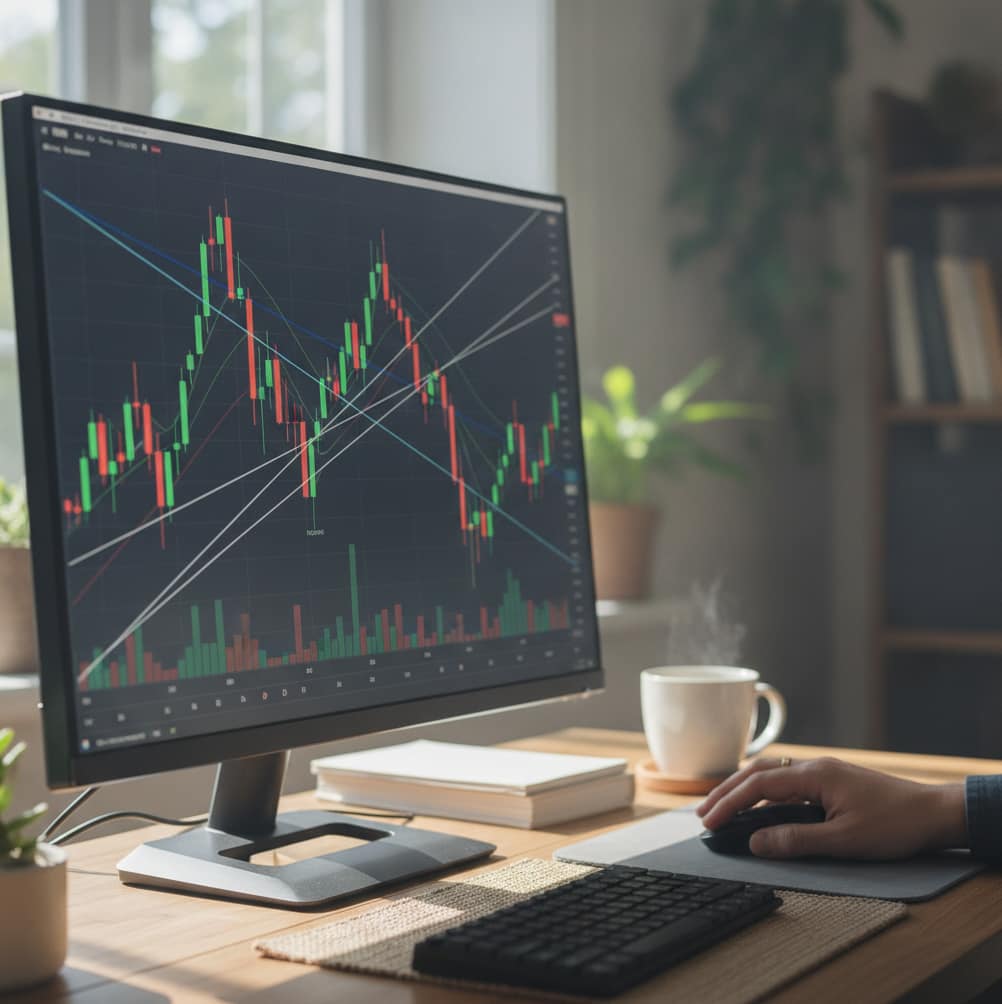 Ekran monitora z wykresem kursu akcji i liniami trendu