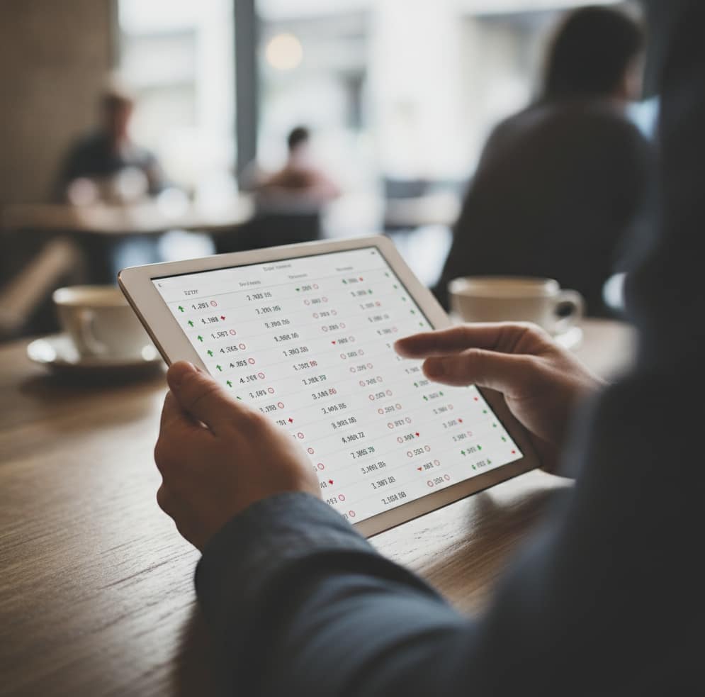 Tablet z listą notowań ETF trzymany w dłoniach