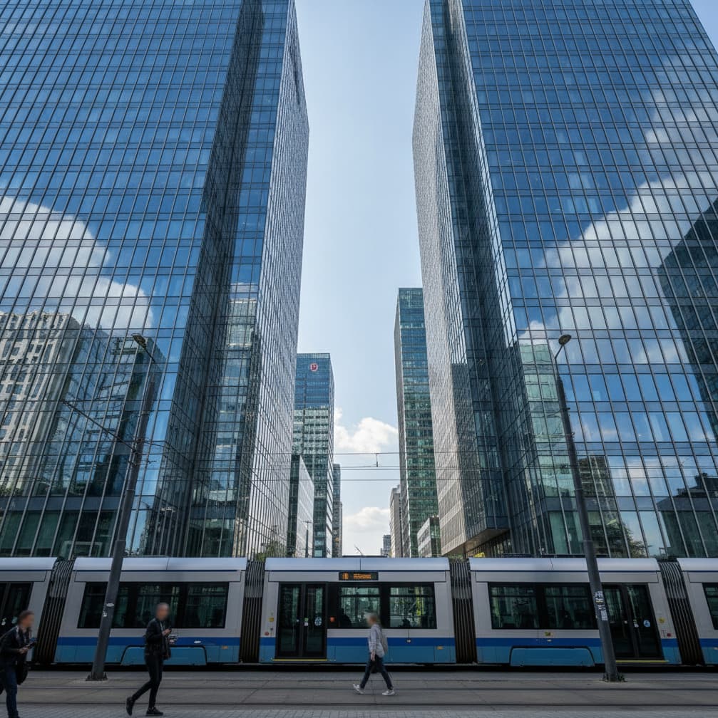 Szklane wieżowce w centrum Warszawy w jasny dzień